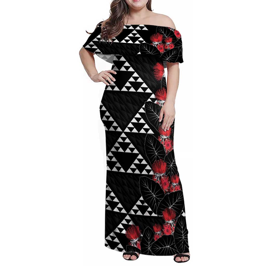 Hawaiian White Kakau Art Tattoo-Ohia Lehua and Taro Leaves Family Matching Off Shoulder Maxi Dress and Hawaiian Shirt