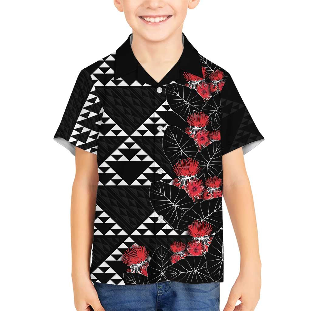 Hawaiian White Kakau Art Tattoo-Ohia Lehua and Taro Leaves Family Matching Off Shoulder Short Dress and Hawaiian Shirt