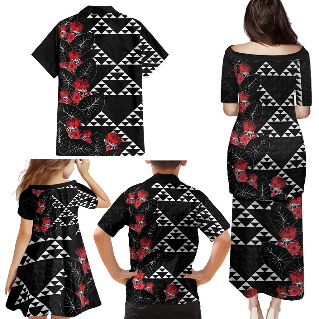 Hawaiian White Kakau Art Tattoo-Ohia Lehua and Taro Leaves Family Matching Puletasi and Hawaiian Shirt