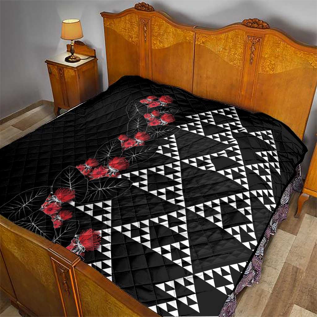 Hawaiian White Kakau Art Tattoo-Ohia Lehua and Taro Leaves Quilt