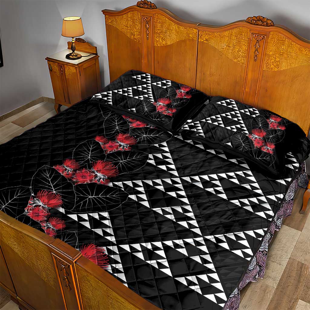 Hawaiian White Kakau Art Tattoo-Ohia Lehua and Taro Leaves Quilt Bed Set