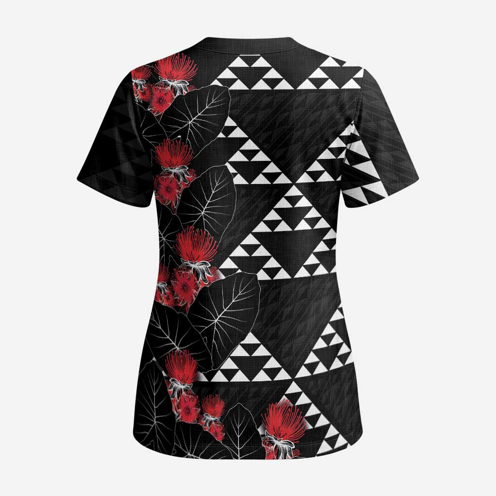 Hawaiian White Kakau Art Tattoo-Ohia Lehua and Taro Leaves Scrub Top - Polynesian Pride