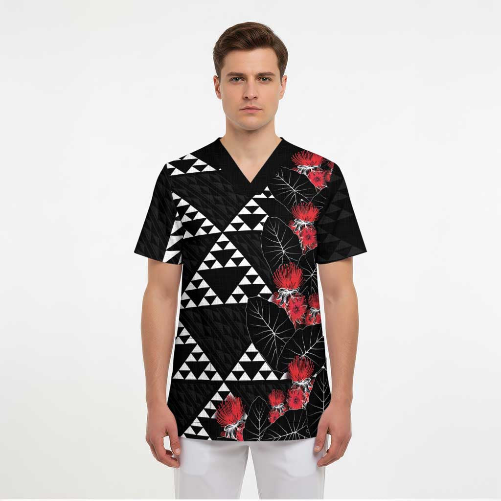 Hawaiian White Kakau Art Tattoo-Ohia Lehua and Taro Leaves Scrub Top - Polynesian Pride