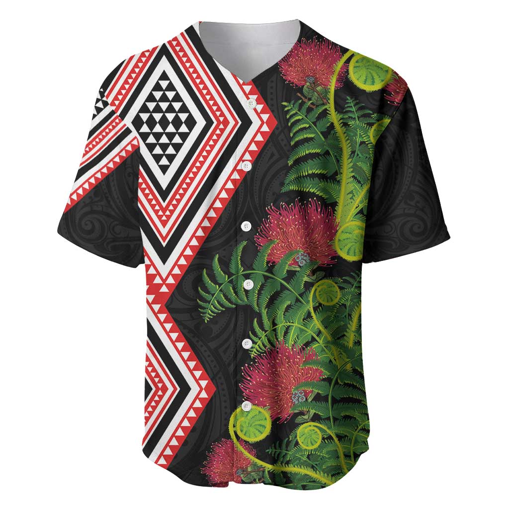 Aotearoa Tukutuku Motif Baseball Jersey Pohutukawa and Fern Leaves LT03 Black - Polynesian Pride