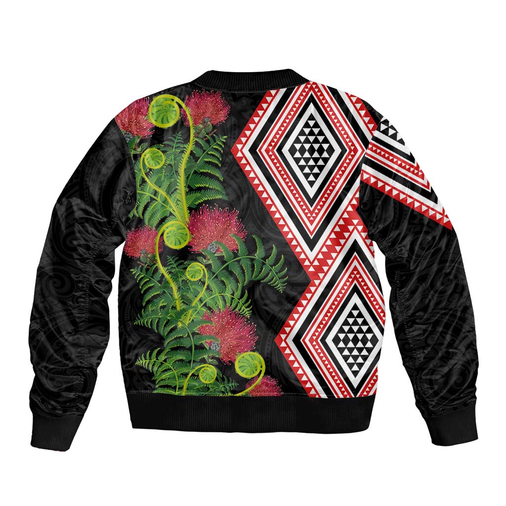 Aotearoa Tukutuku Motif Bomber Jacket Pohutukawa and Fern Leaves