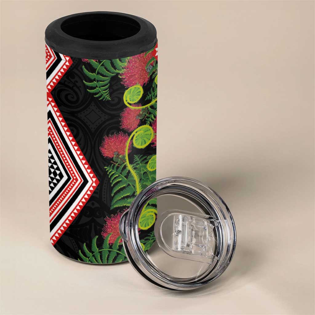 Aotearoa Tukutuku Motif 4 in 1 Can Cooler Tumbler Pohutukawa and Fern Leaves