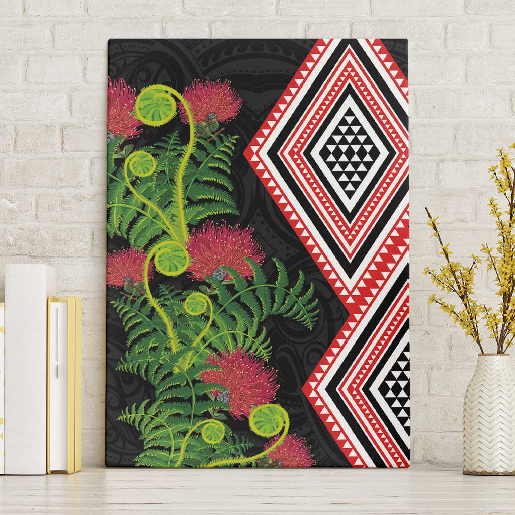 Aotearoa Tukutuku Motif Canvas Wall Art Pohutukawa and Fern Leaves