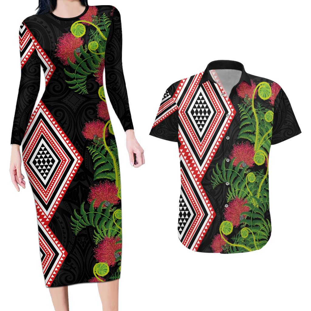 Aotearoa Tukutuku Motif Couples Matching Long Sleeve Bodycon Dress and Hawaiian Shirt Pohutukawa and Fern Leaves