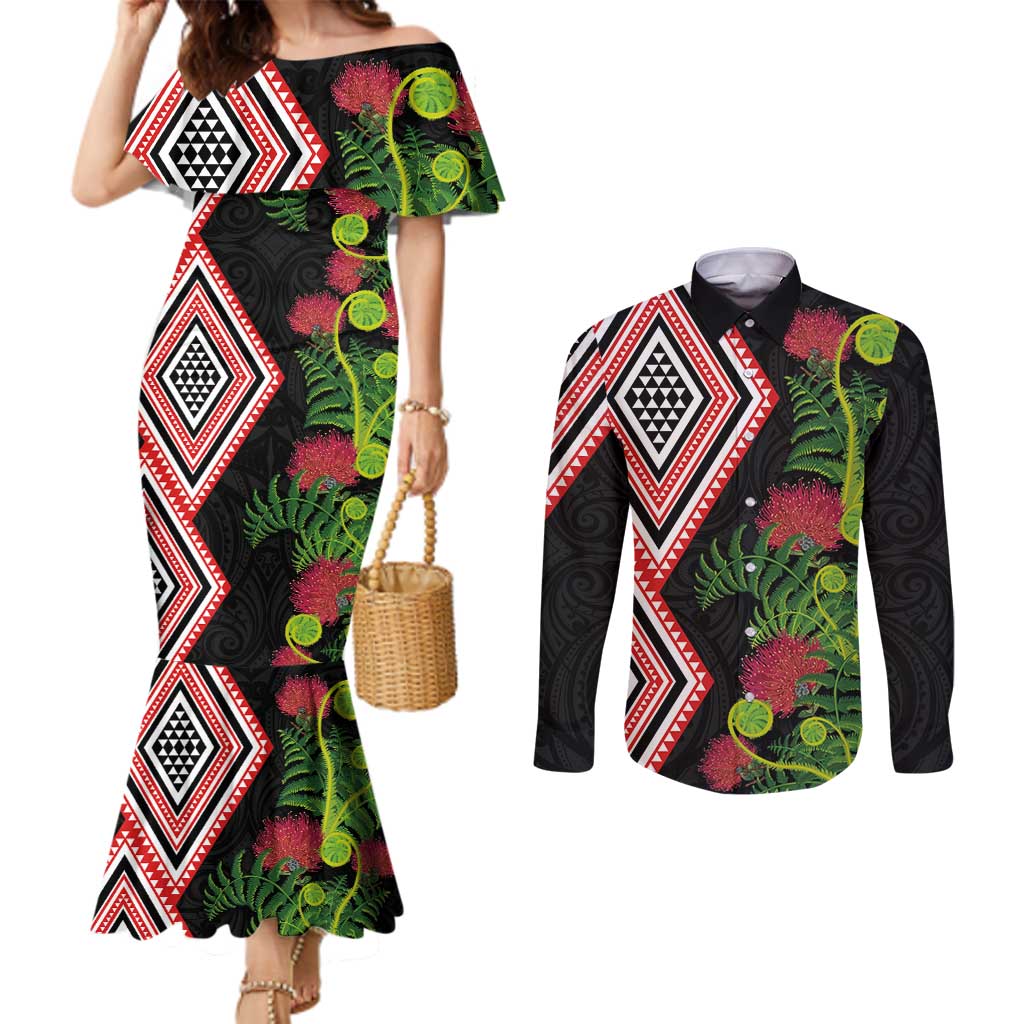Aotearoa Tukutuku Motif Couples Matching Mermaid Dress and Long Sleeve Button Shirt Pohutukawa and Fern Leaves