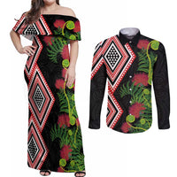 Aotearoa Tukutuku Motif Couples Matching Off Shoulder Maxi Dress and Long Sleeve Button Shirt Pohutukawa and Fern Leaves