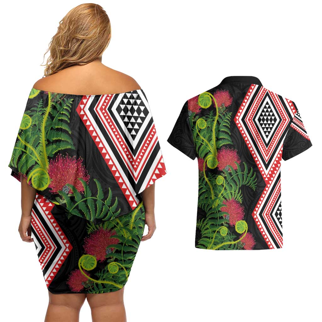 Aotearoa Tukutuku Motif Couples Matching Off Shoulder Short Dress and Hawaiian Shirt Pohutukawa and Fern Leaves