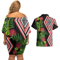 Aotearoa Tukutuku Motif Couples Matching Off Shoulder Short Dress and Hawaiian Shirt Pohutukawa and Fern Leaves