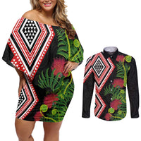 Aotearoa Tukutuku Motif Couples Matching Off Shoulder Short Dress and Long Sleeve Button Shirt Pohutukawa and Fern Leaves