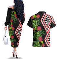 Aotearoa Tukutuku Motif Couples Matching Off The Shoulder Long Sleeve Dress and Hawaiian Shirt Pohutukawa and Fern Leaves