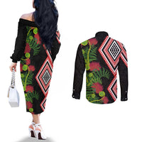 Aotearoa Tukutuku Motif Couples Matching Off The Shoulder Long Sleeve Dress and Long Sleeve Button Shirt Pohutukawa and Fern Leaves