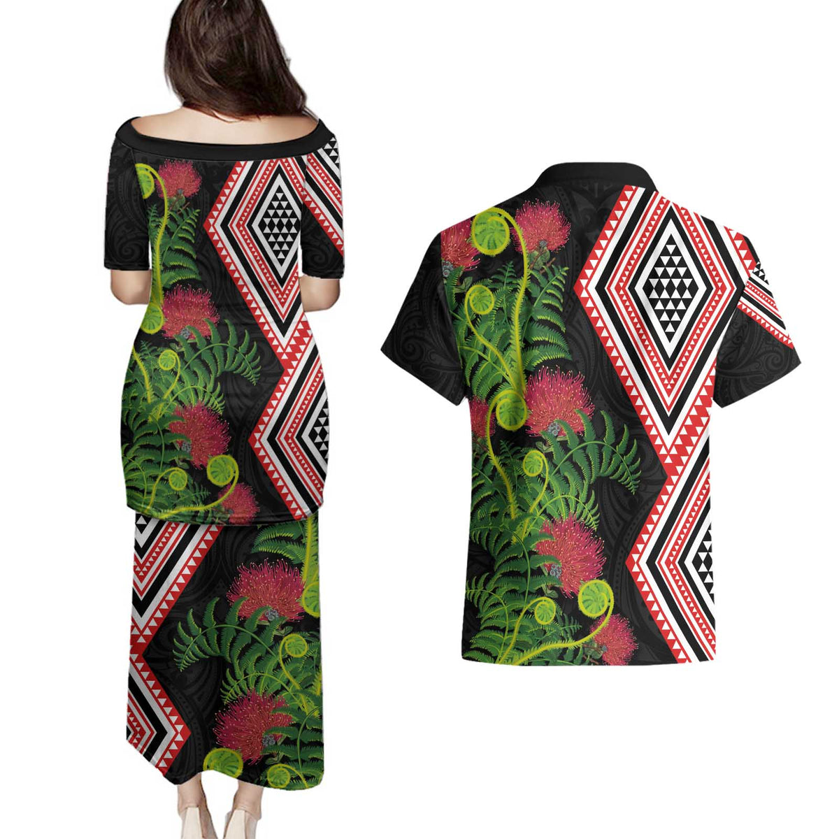 Aotearoa Tukutuku Motif Couples Matching Puletasi and Hawaiian Shirt Pohutukawa and Fern Leaves