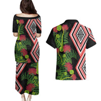 Aotearoa Tukutuku Motif Couples Matching Puletasi and Hawaiian Shirt Pohutukawa and Fern Leaves