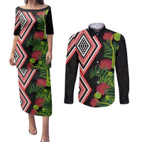 Aotearoa Tukutuku Motif Couples Matching Puletasi and Long Sleeve Button Shirt Pohutukawa and Fern Leaves