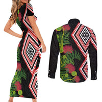 Aotearoa Tukutuku Motif Couples Matching Short Sleeve Bodycon Dress and Long Sleeve Button Shirt Pohutukawa and Fern Leaves