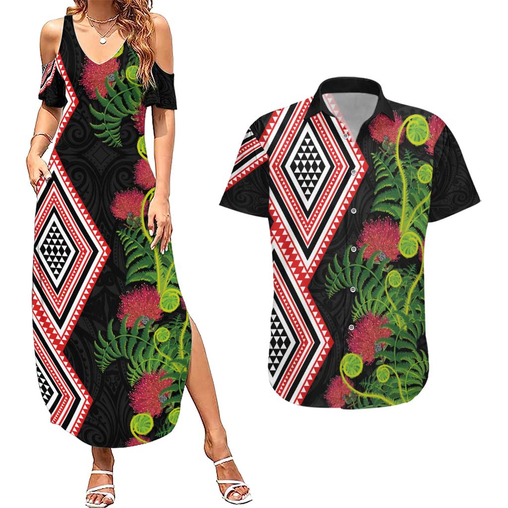 Aotearoa Tukutuku Motif Couples Matching Summer Maxi Dress and Hawaiian Shirt Pohutukawa and Fern Leaves