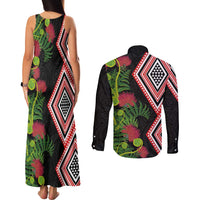 Aotearoa Tukutuku Motif Couples Matching Tank Maxi Dress and Long Sleeve Button Shirt Pohutukawa and Fern Leaves
