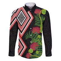 Aotearoa Tukutuku Motif Family Matching Long Sleeve Bodycon Dress and Hawaiian Shirt Pohutukawa and Fern Leaves