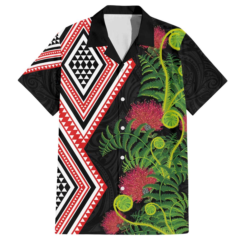 Aotearoa Tukutuku Motif Family Matching Puletasi and Hawaiian Shirt Pohutukawa and Fern Leaves