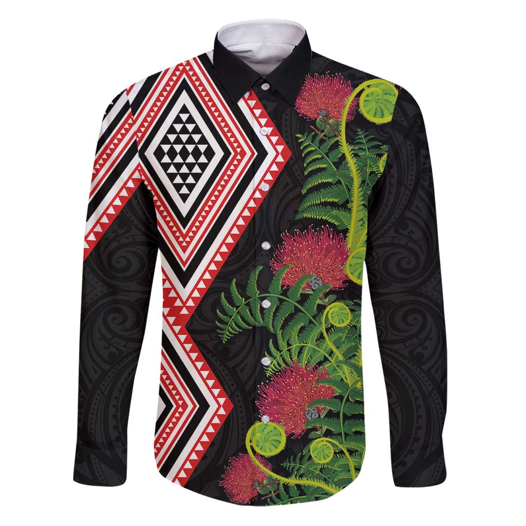 Aotearoa Tukutuku Motif Family Matching Puletasi and Hawaiian Shirt Pohutukawa and Fern Leaves