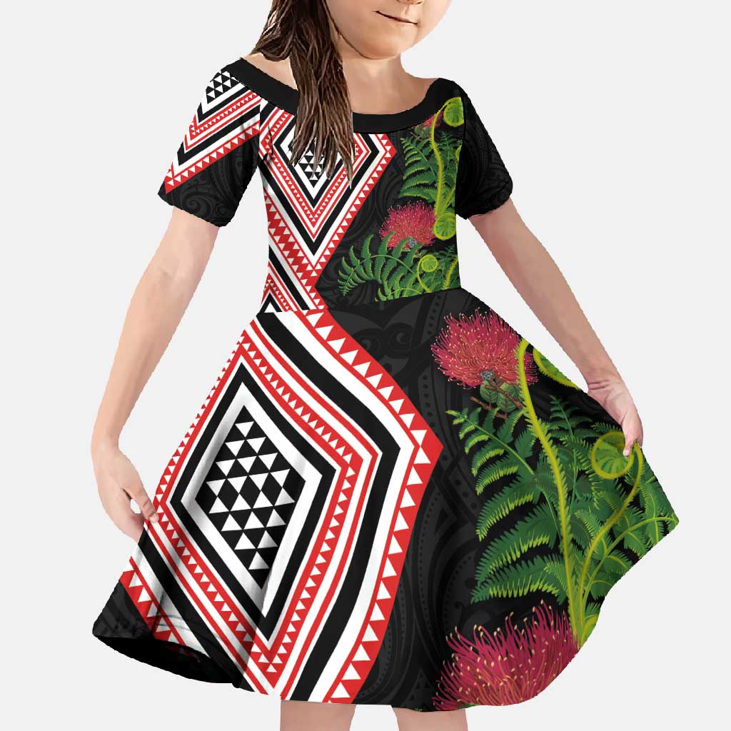 Aotearoa Tukutuku Motif Family Matching Tank Maxi Dress and Hawaiian Shirt Pohutukawa and Fern Leaves