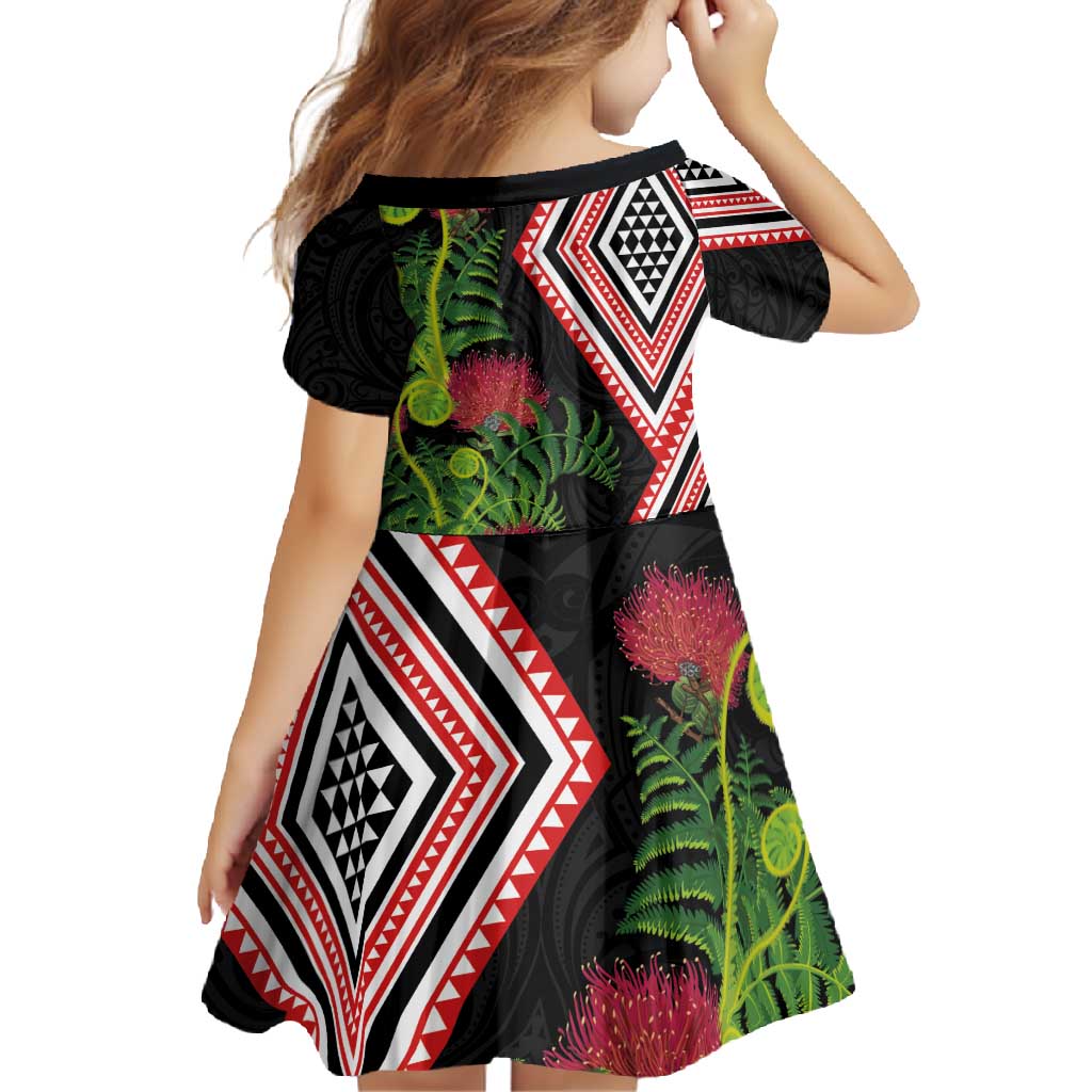 Aotearoa Tukutuku Motif Family Matching Tank Maxi Dress and Hawaiian Shirt Pohutukawa and Fern Leaves