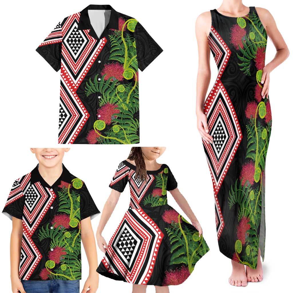 Aotearoa Tukutuku Motif Family Matching Tank Maxi Dress and Hawaiian Shirt Pohutukawa and Fern Leaves