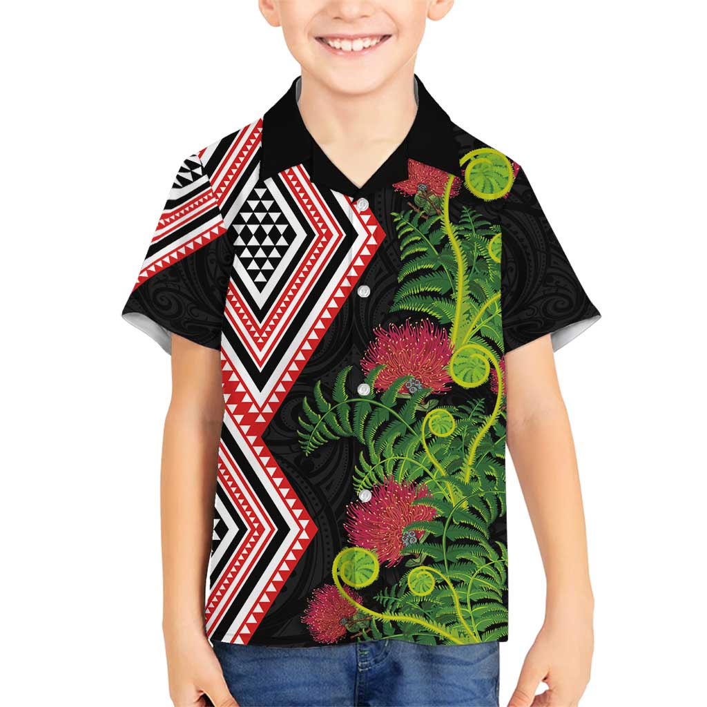 Aotearoa Tukutuku Motif Family Matching Tank Maxi Dress and Hawaiian Shirt Pohutukawa and Fern Leaves