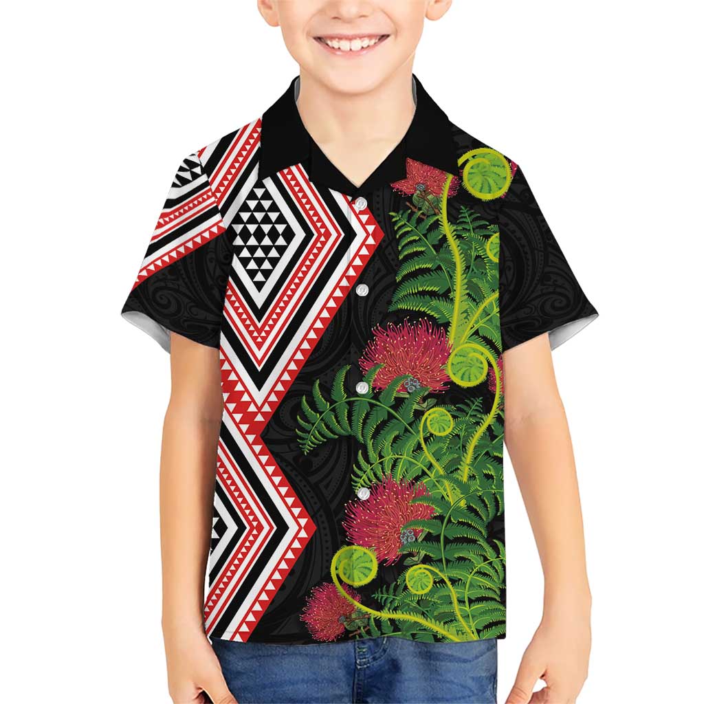 Aotearoa Tukutuku Motif Hawaiian Shirt Pohutukawa and Fern Leaves