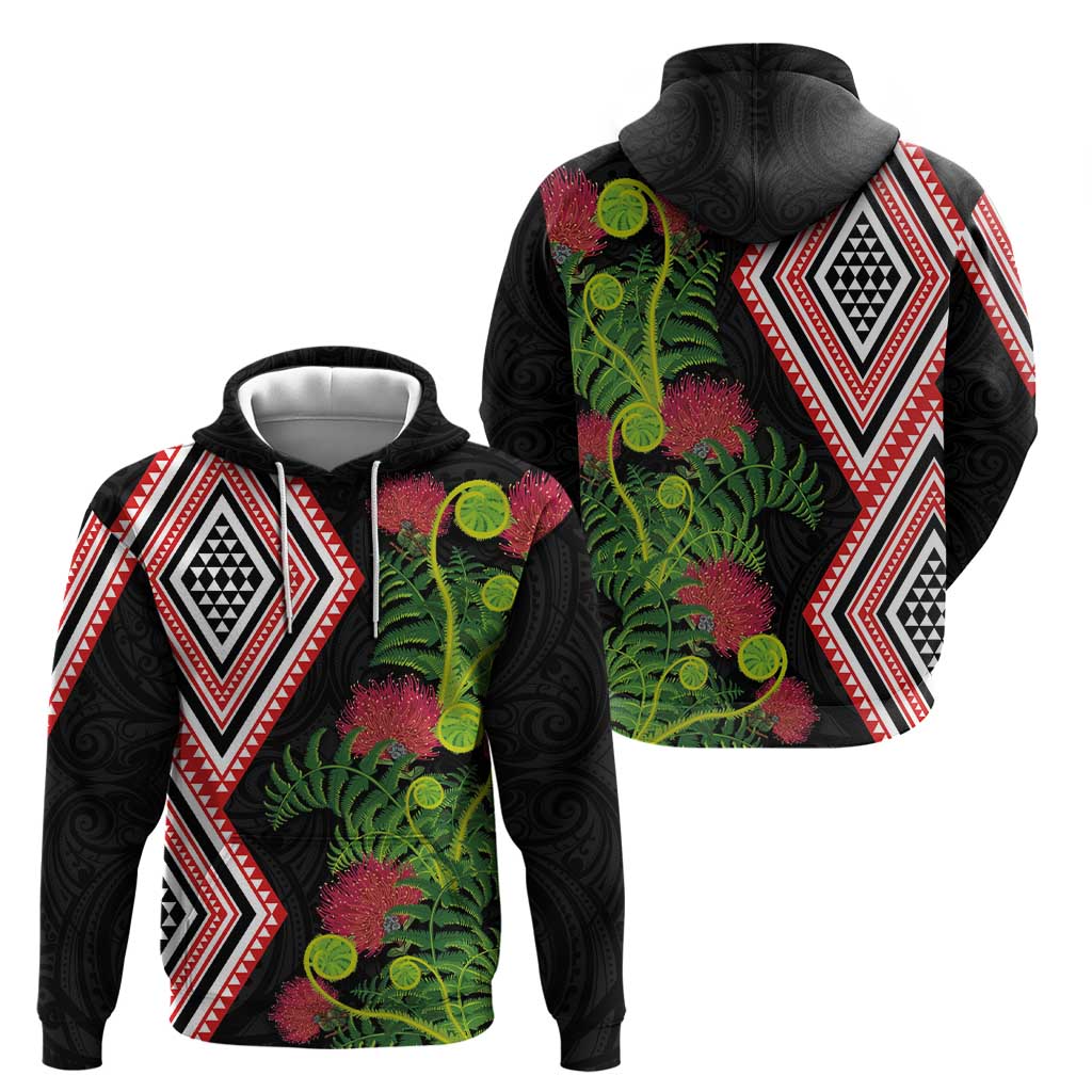 Aotearoa Tukutuku Motif Hoodie Pohutukawa and Fern Leaves