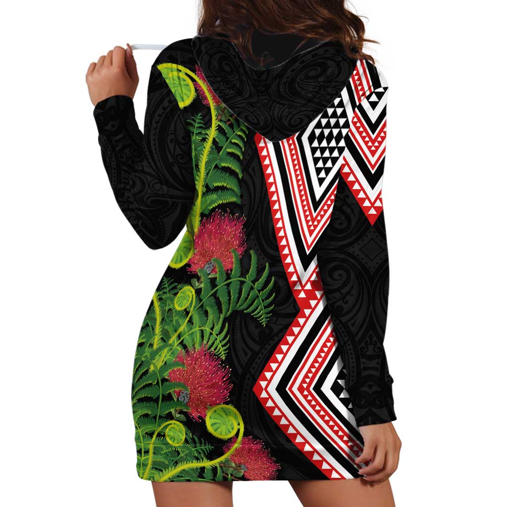 Aotearoa Tukutuku Motif Hoodie Dress Pohutukawa and Fern Leaves