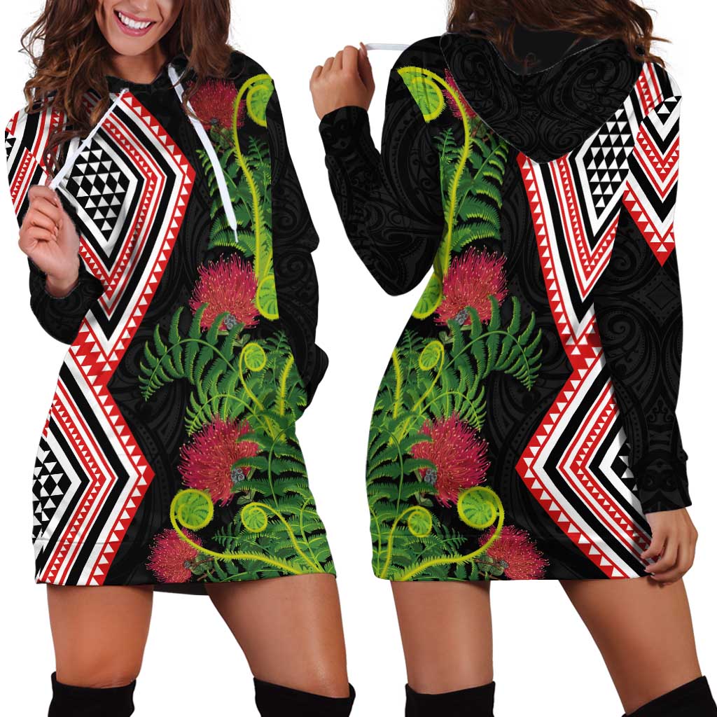 Aotearoa Tukutuku Motif Hoodie Dress Pohutukawa and Fern Leaves