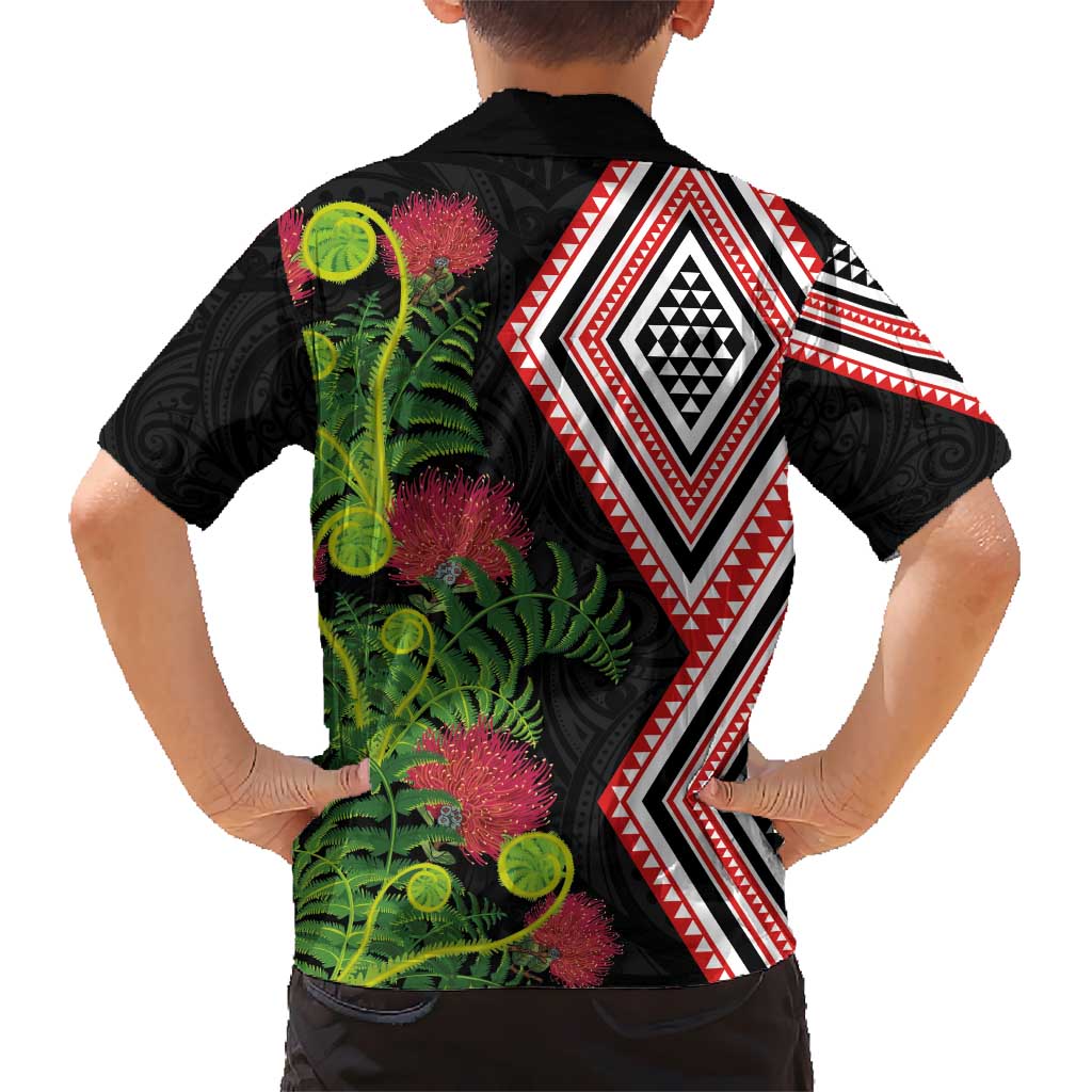 Aotearoa Tukutuku Motif Kid Hawaiian Shirt Pohutukawa and Fern Leaves