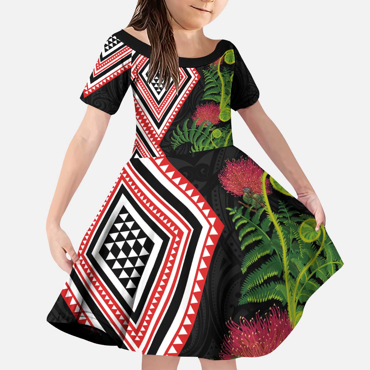 Aotearoa Tukutuku Motif Kid Short Sleeve Dress Pohutukawa and Fern Leaves