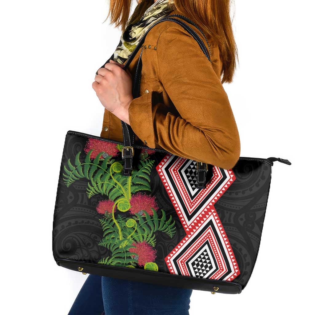 Aotearoa Tukutuku Motif Leather Tote Bag Pohutukawa and Fern Leaves