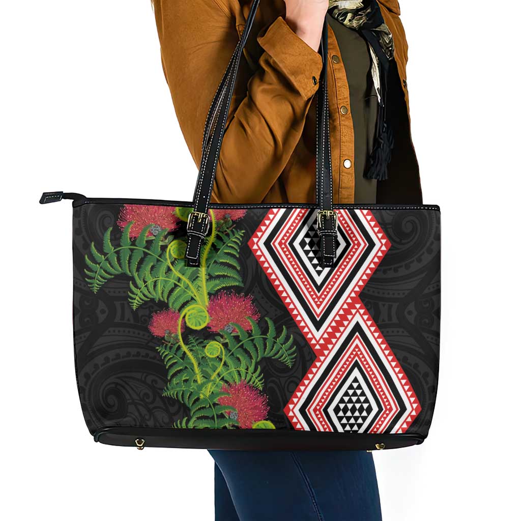 Aotearoa Tukutuku Motif Leather Tote Bag Pohutukawa and Fern Leaves