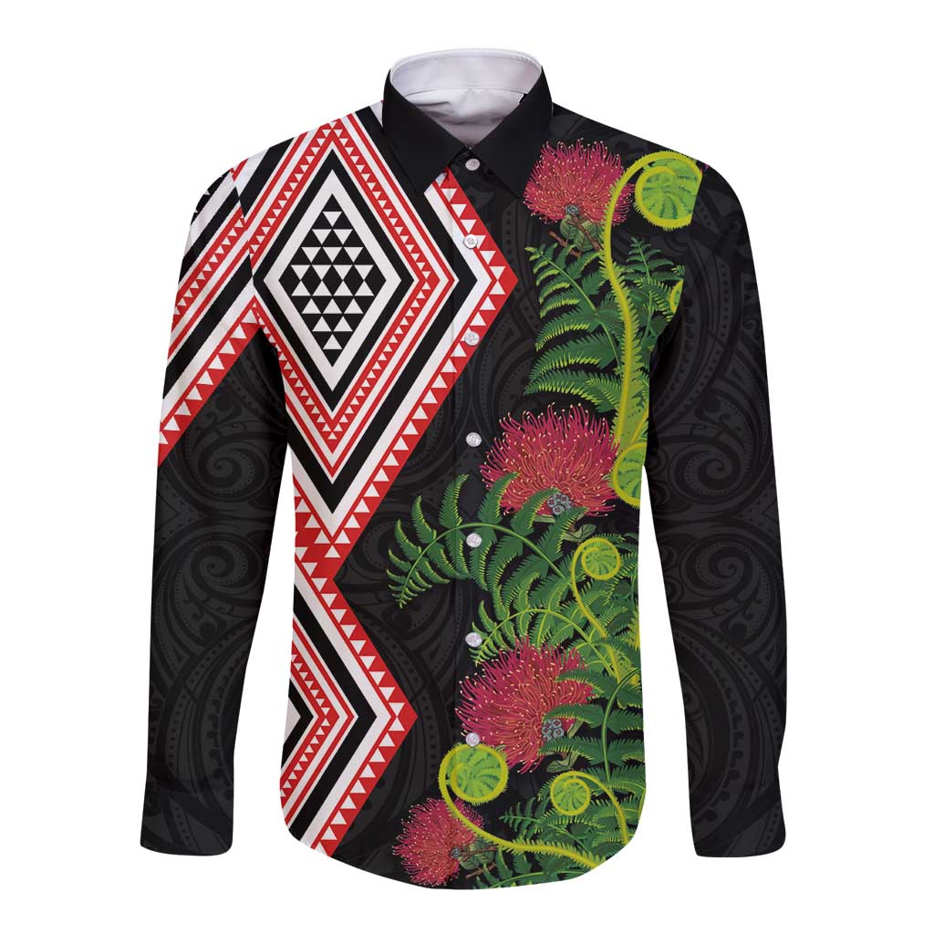 Aotearoa Tukutuku Motif Long Sleeve Button Shirt Pohutukawa and Fern Leaves