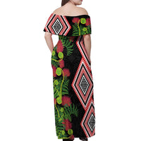 Aotearoa Tukutuku Motif Off Shoulder Maxi Dress Pohutukawa and Fern Leaves