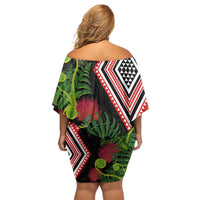 Aotearoa Tukutuku Motif Off Shoulder Short Dress Pohutukawa and Fern Leaves