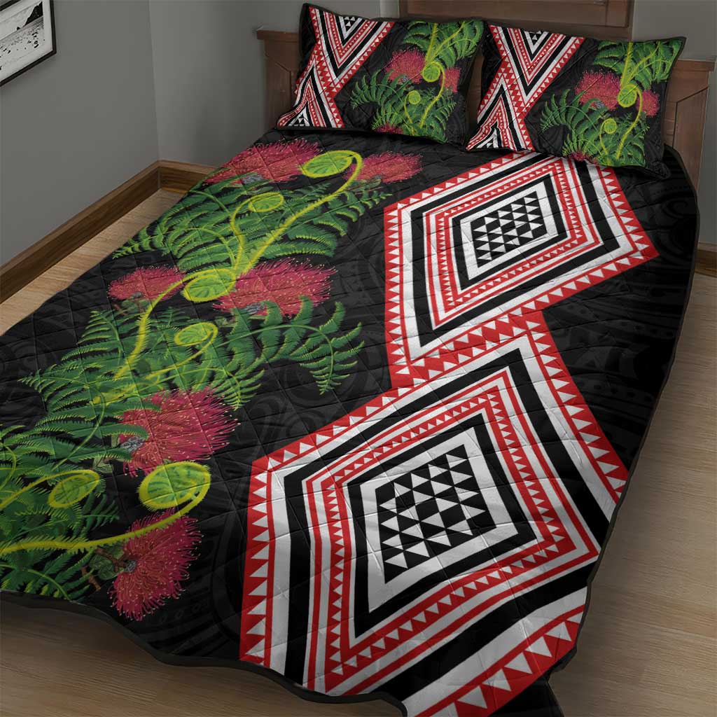 Aotearoa Tukutuku Motif Quilt Bed Set Pohutukawa and Fern Leaves
