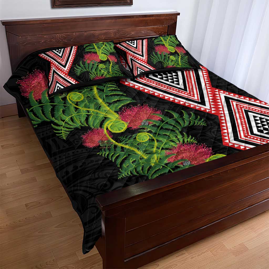 Aotearoa Tukutuku Motif Quilt Bed Set Pohutukawa and Fern Leaves