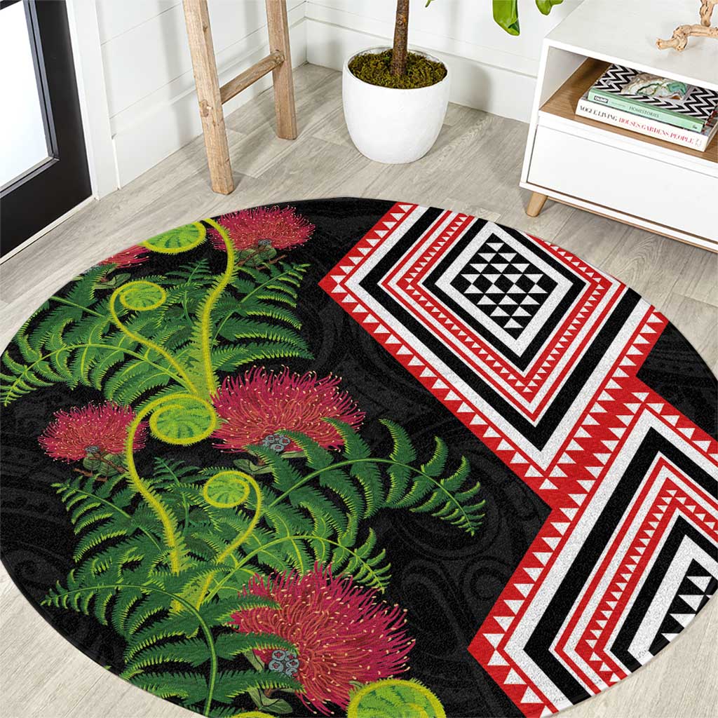 Aotearoa Tukutuku Motif Round Carpet Pohutukawa and Fern Leaves LT03 Black - Polynesian Pride
