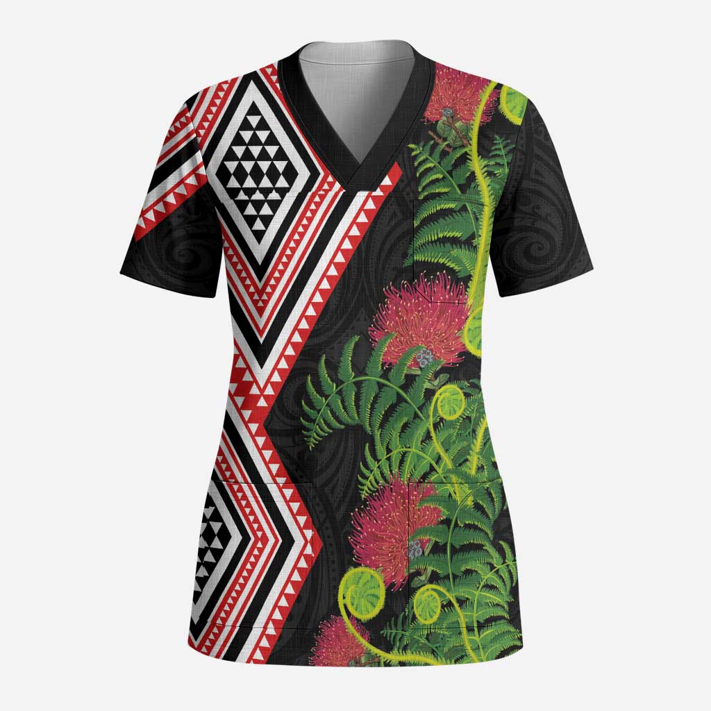 Aotearoa Tukutuku Motif Scrub Top Pohutukawa and Fern Leaves - Polynesian Pride