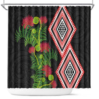 Aotearoa Tukutuku Motif Shower Curtain Pohutukawa and Fern Leaves