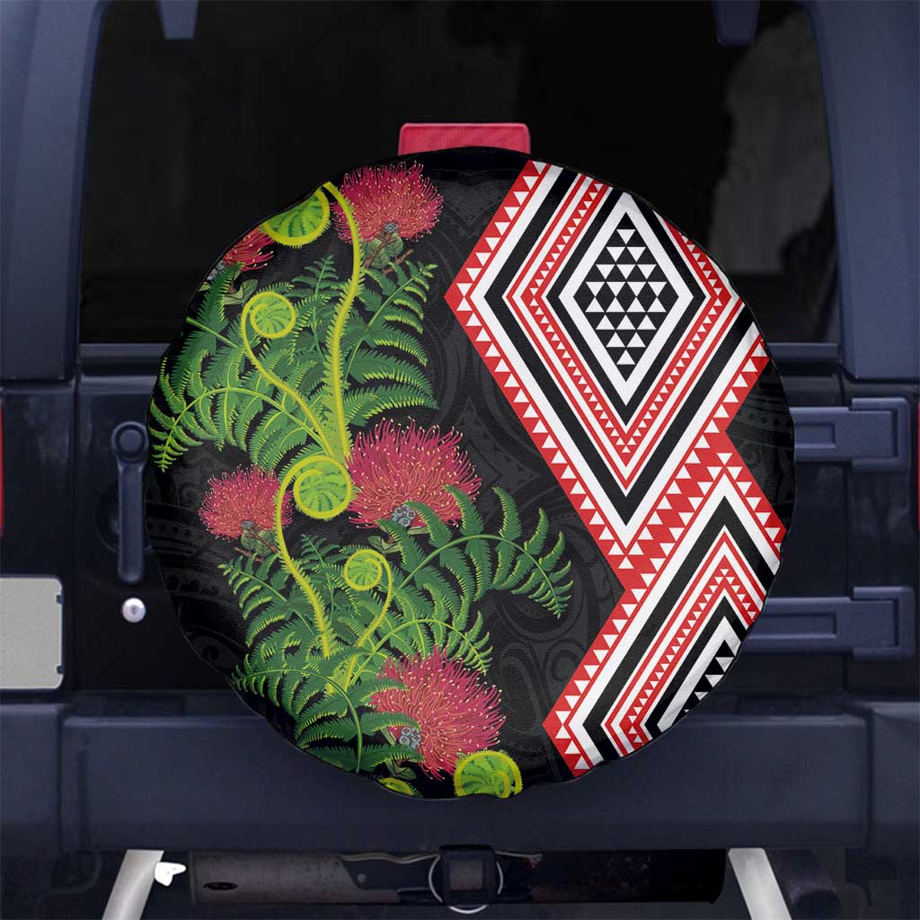 Aotearoa Tukutuku Motif Spare Tire Cover Pohutukawa and Fern Leaves