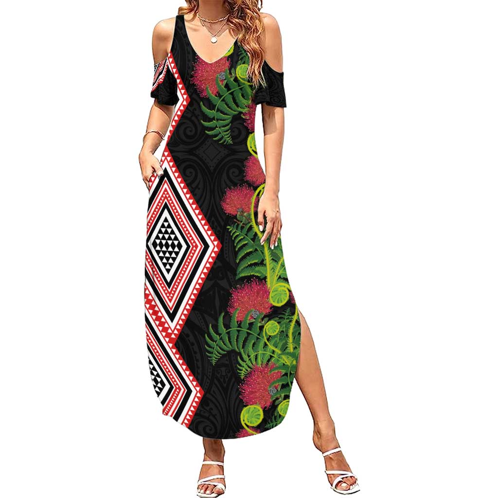 Aotearoa Tukutuku Motif Summer Maxi Dress Pohutukawa and Fern Leaves